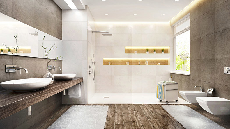 industrial bathroom dark wood floor