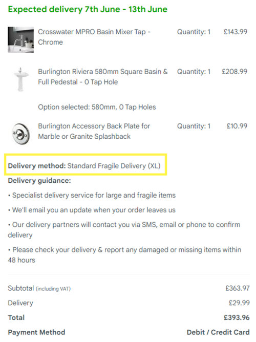 Showing a customer their order size on the confirmation email