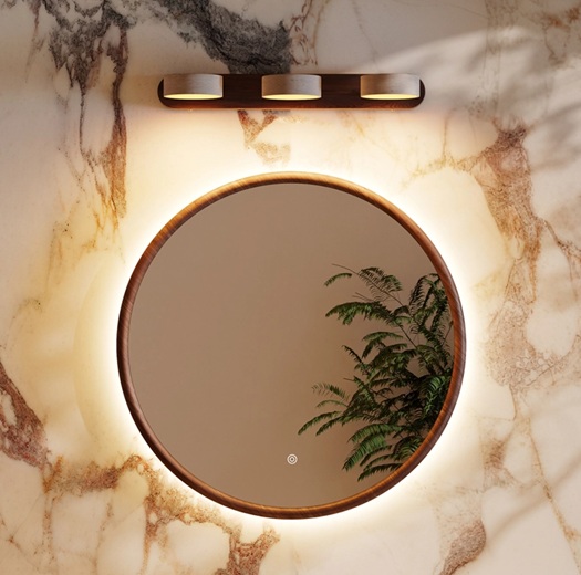 Alfie LED Illuminated Wood Framed Mirror with Trio Stone Wall Light